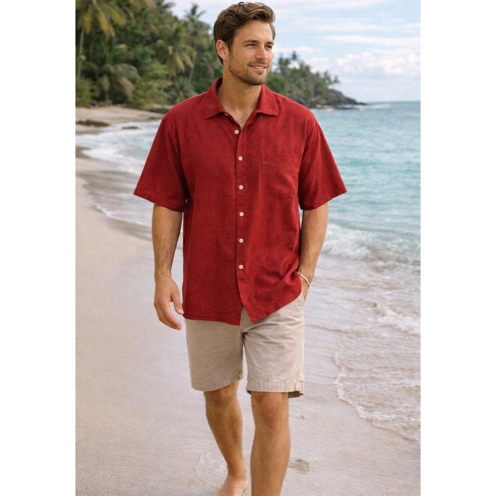 Batik Bay Men's 2XL 100% Silk Hawaiian Camp‎ Shirt Red Tonal Tropical Print